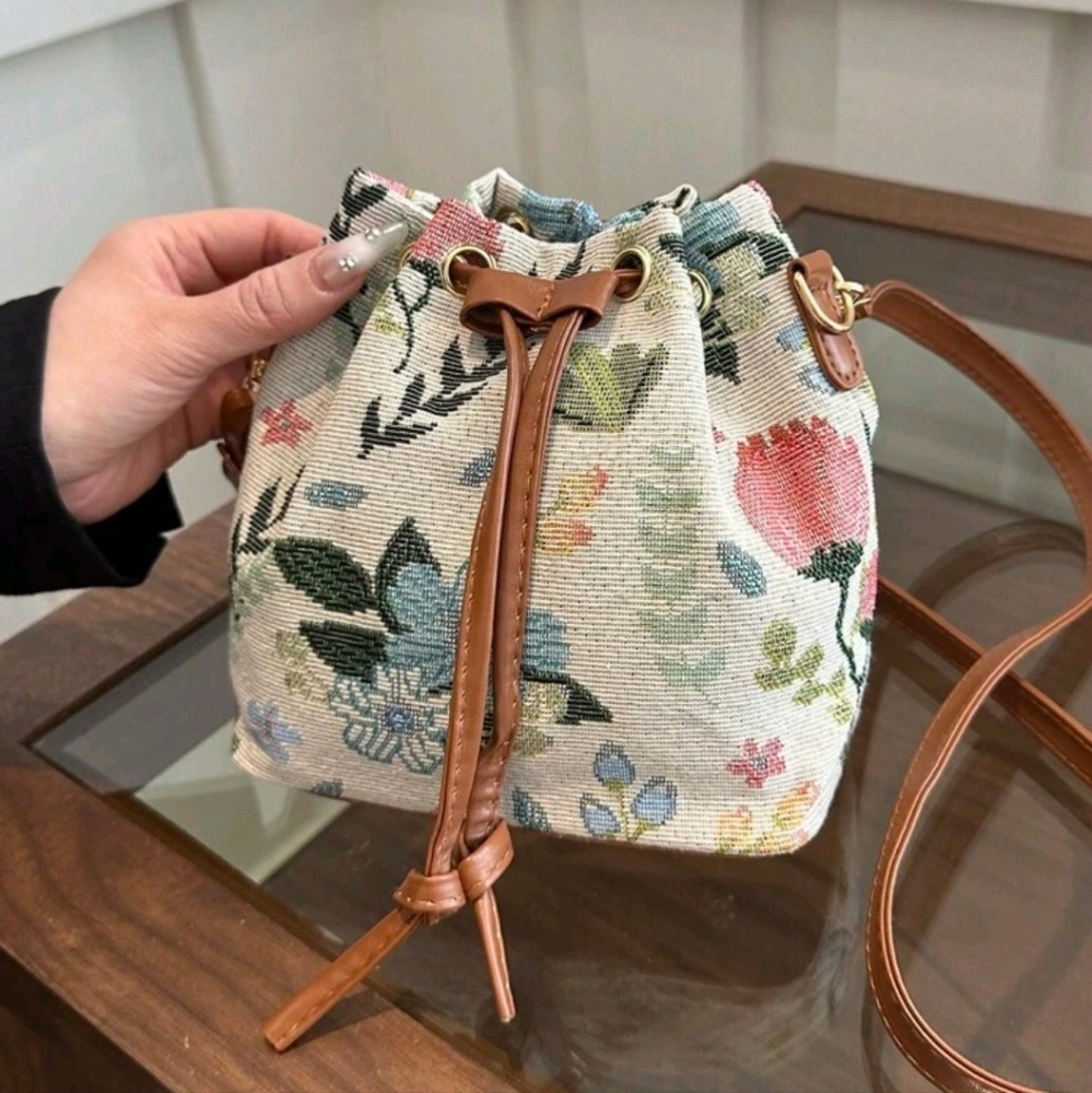 Fashionable Floral Print Drawstring Bucket Bag, Casual Shoulder & Crossbody